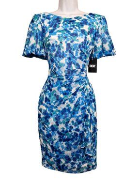 DKNY Floral Dress Blue Print Short Bubble Sleeve Summer Sheath 4 Small NWT